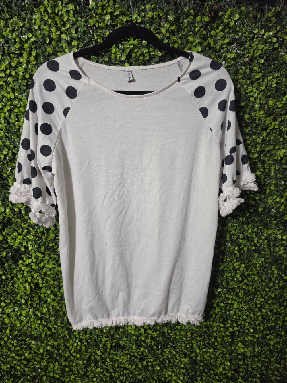 White Polka Dot Sleeve Top with Fringe Trim By Misslook Size Small Send Offers